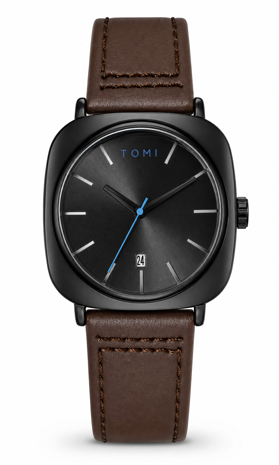 TOMI T084 black case black dial quartz watch with brown leather strap