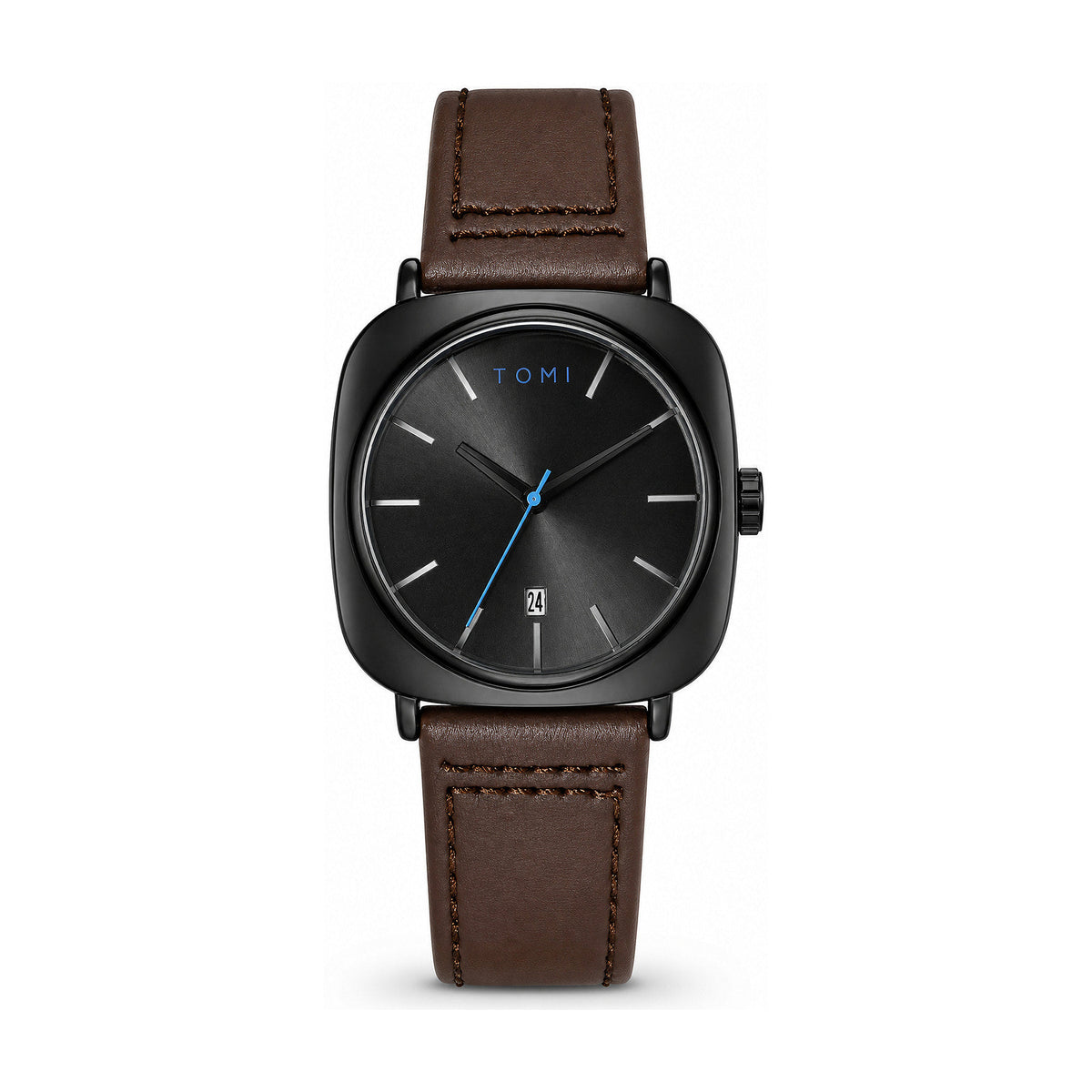 TOMI T084 black case black dial quartz watch with brown leather strap