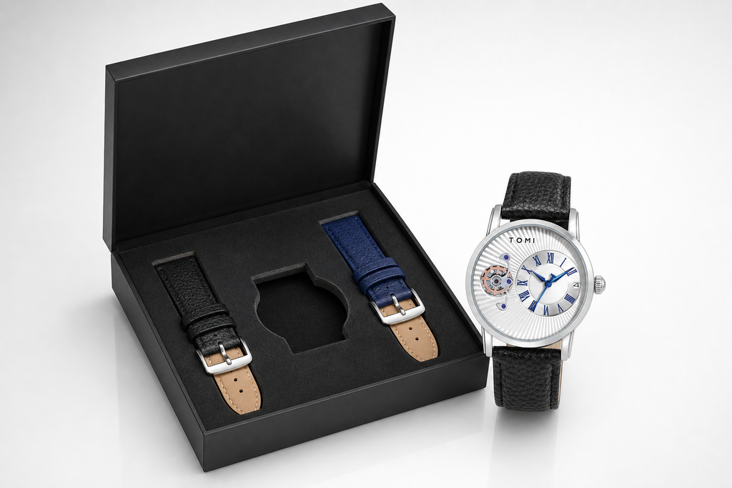 TOMI T104 silver and white watch gift set with black and blue spare straps