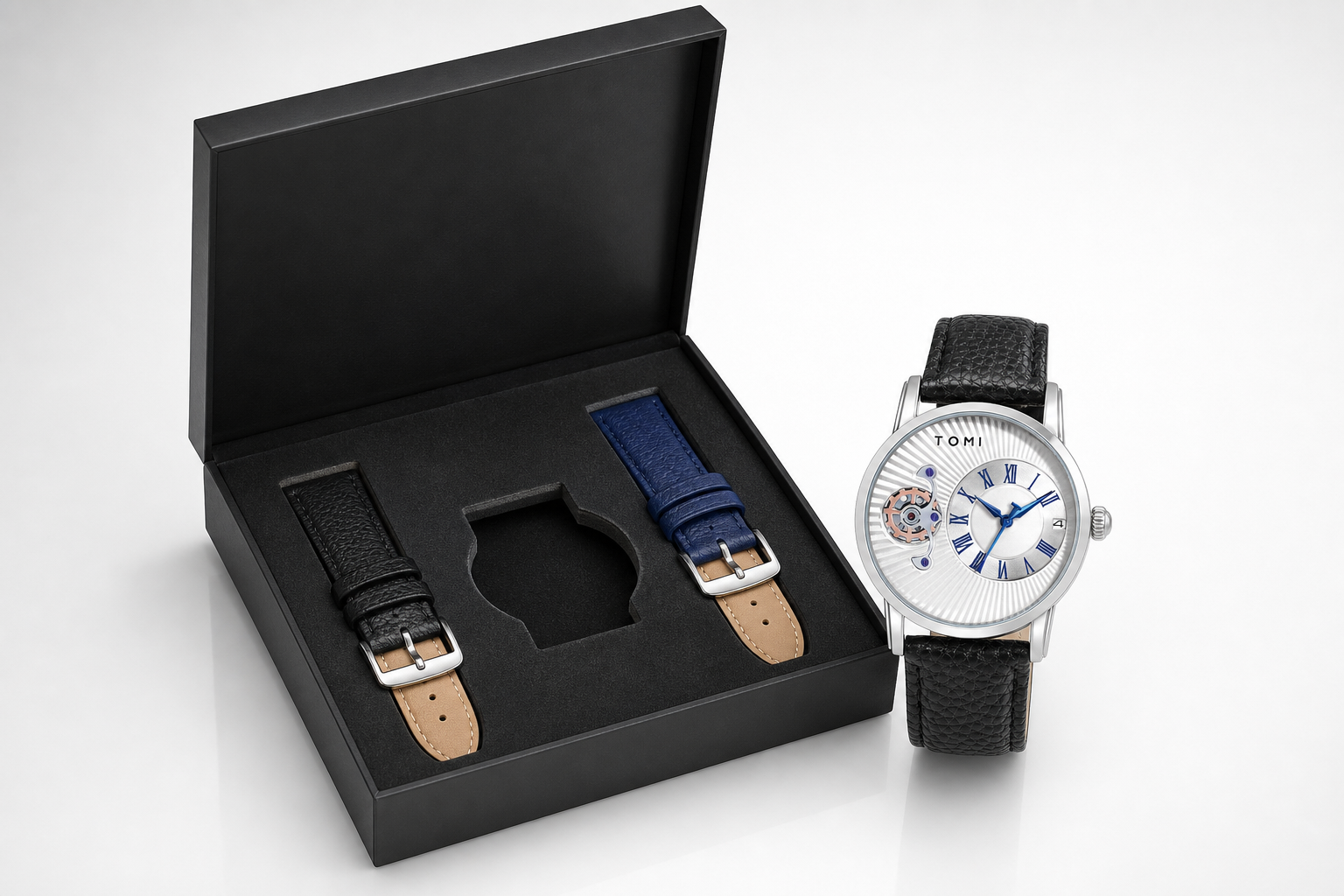 TOMI T104 silver and white watch gift set with black and blue spare straps