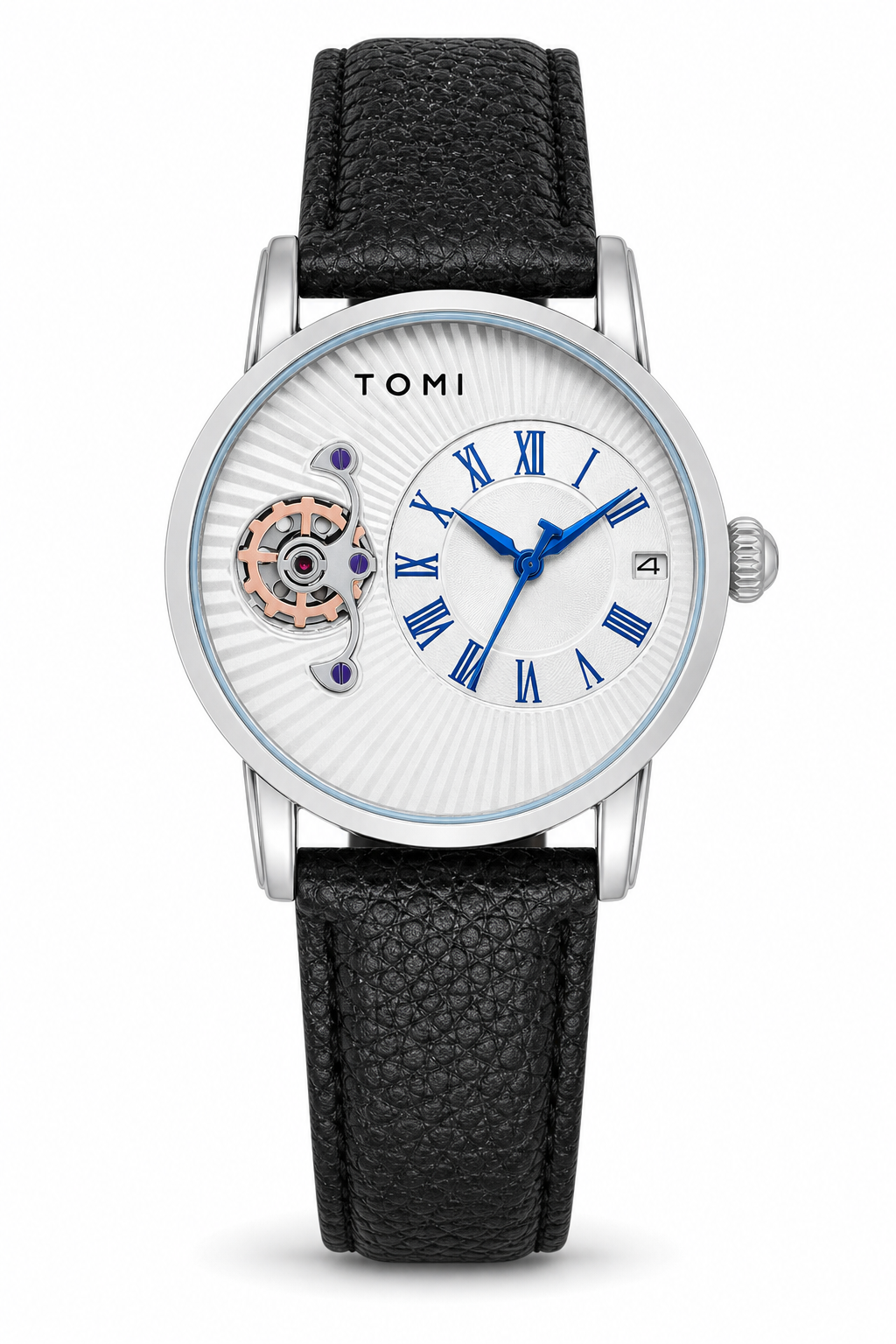 TOMI T104 silver case and white Roman numeral dial with decorative face-gear detail and black leather strap