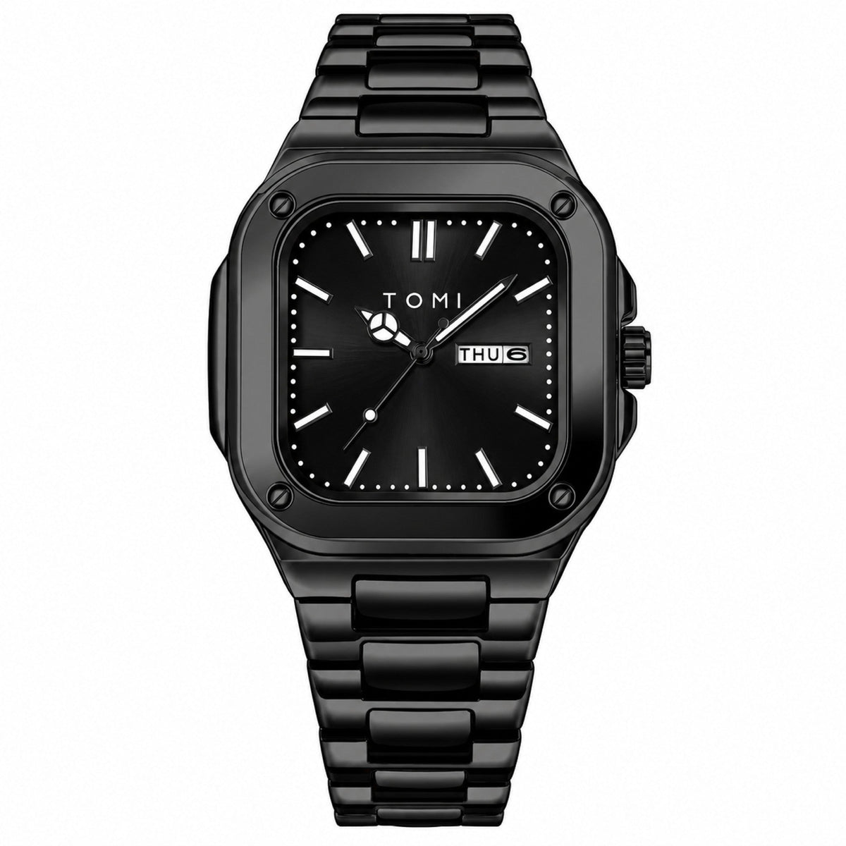 TOMI T306 black square steel quartz watch with black dial and bracelet