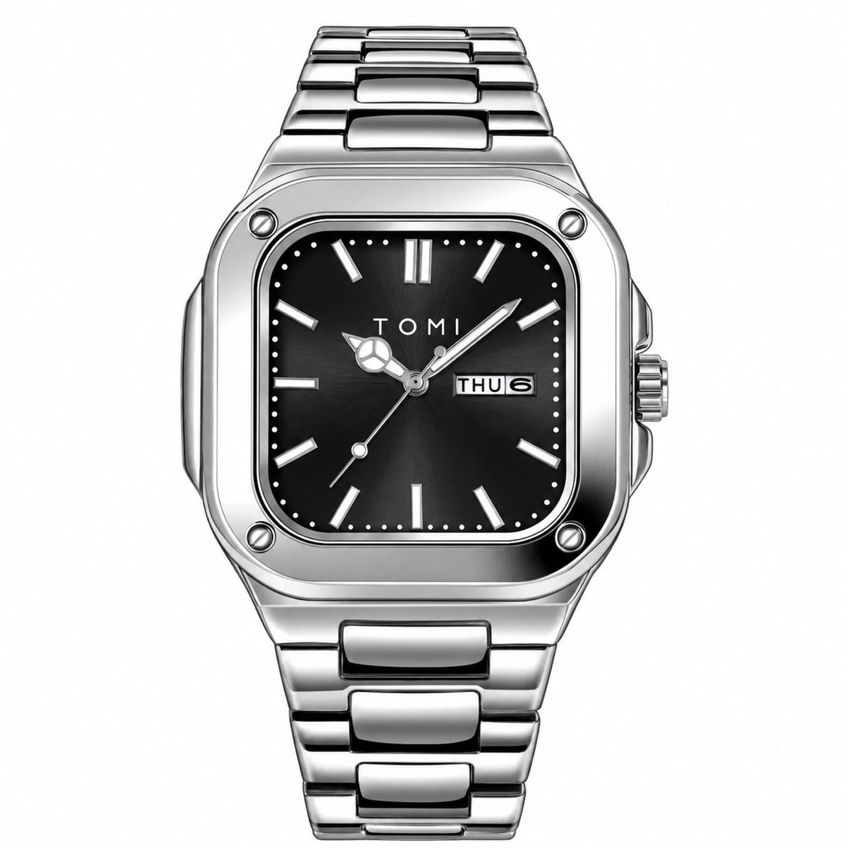 TOMI T306 silver square steel quartz watch with black dial