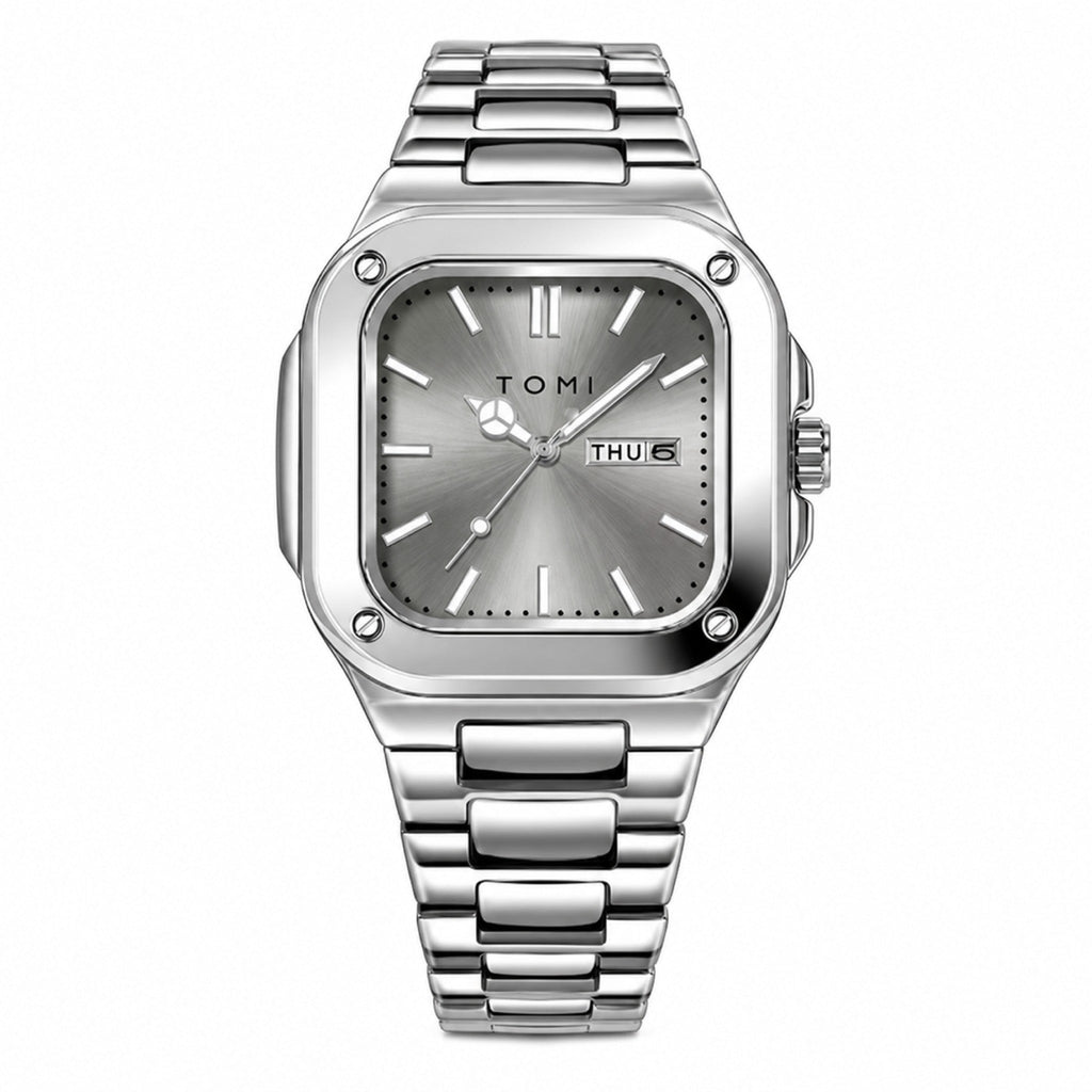 TOMI T306 silver square steel quartz watch with grey dial