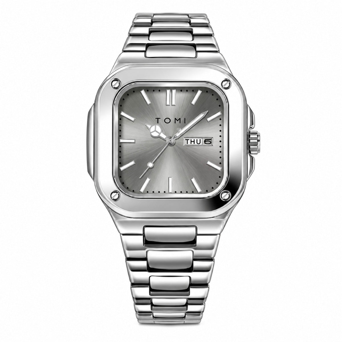 TOMI T306 silver square steel quartz watch with grey dial