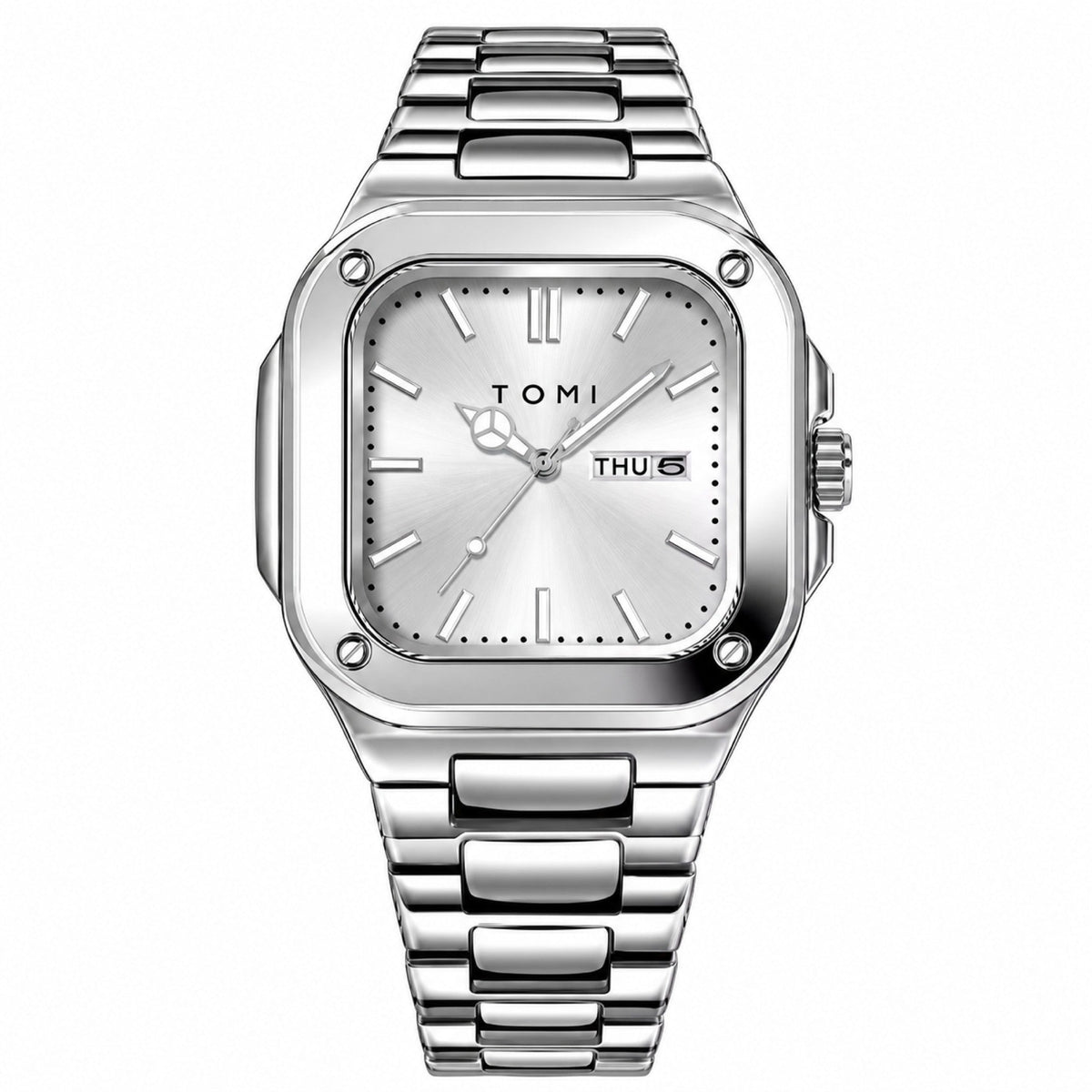 TOMI T306 silver square steel quartz watch with silver dial