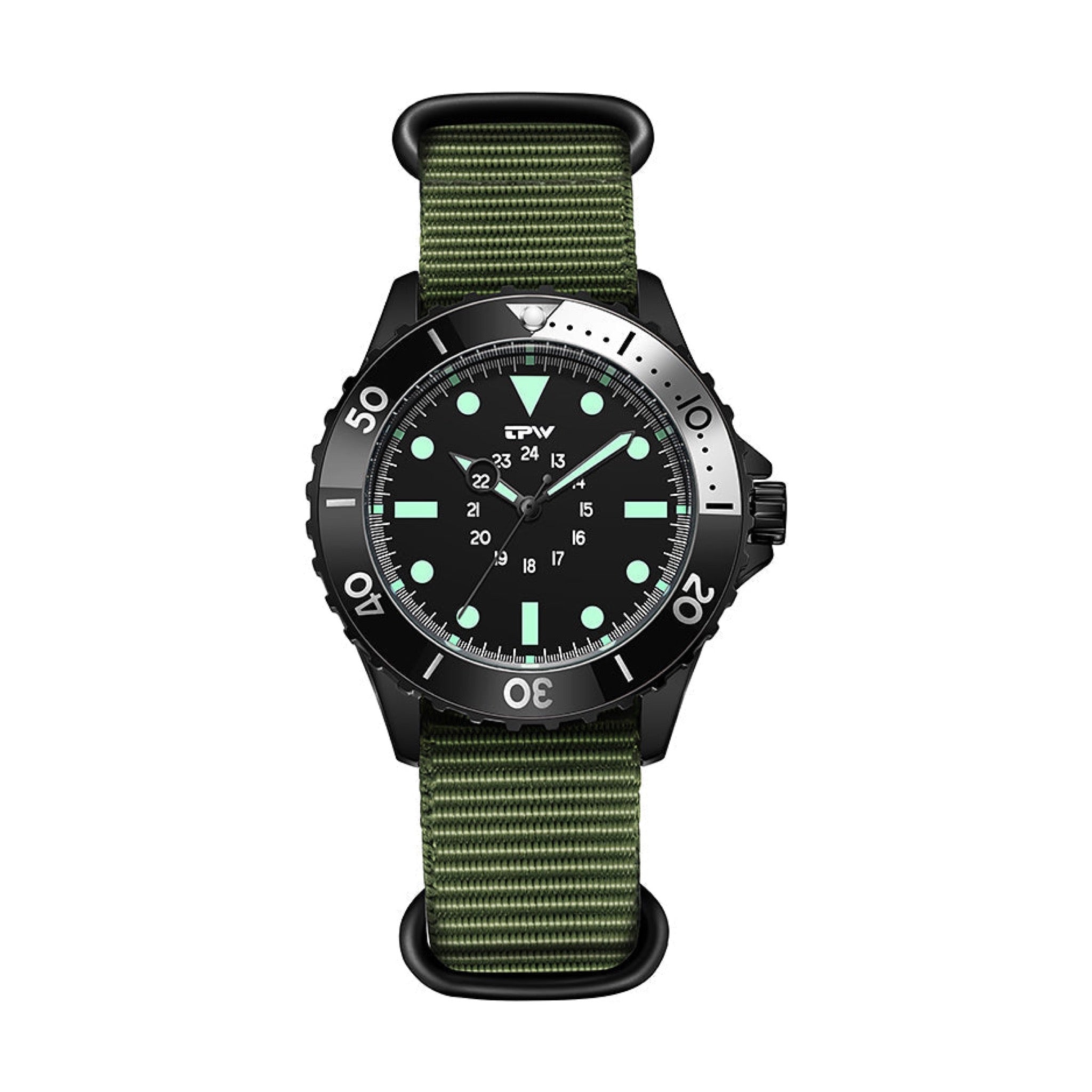 TPW K5013 black-dial quartz watch on green nylon strap