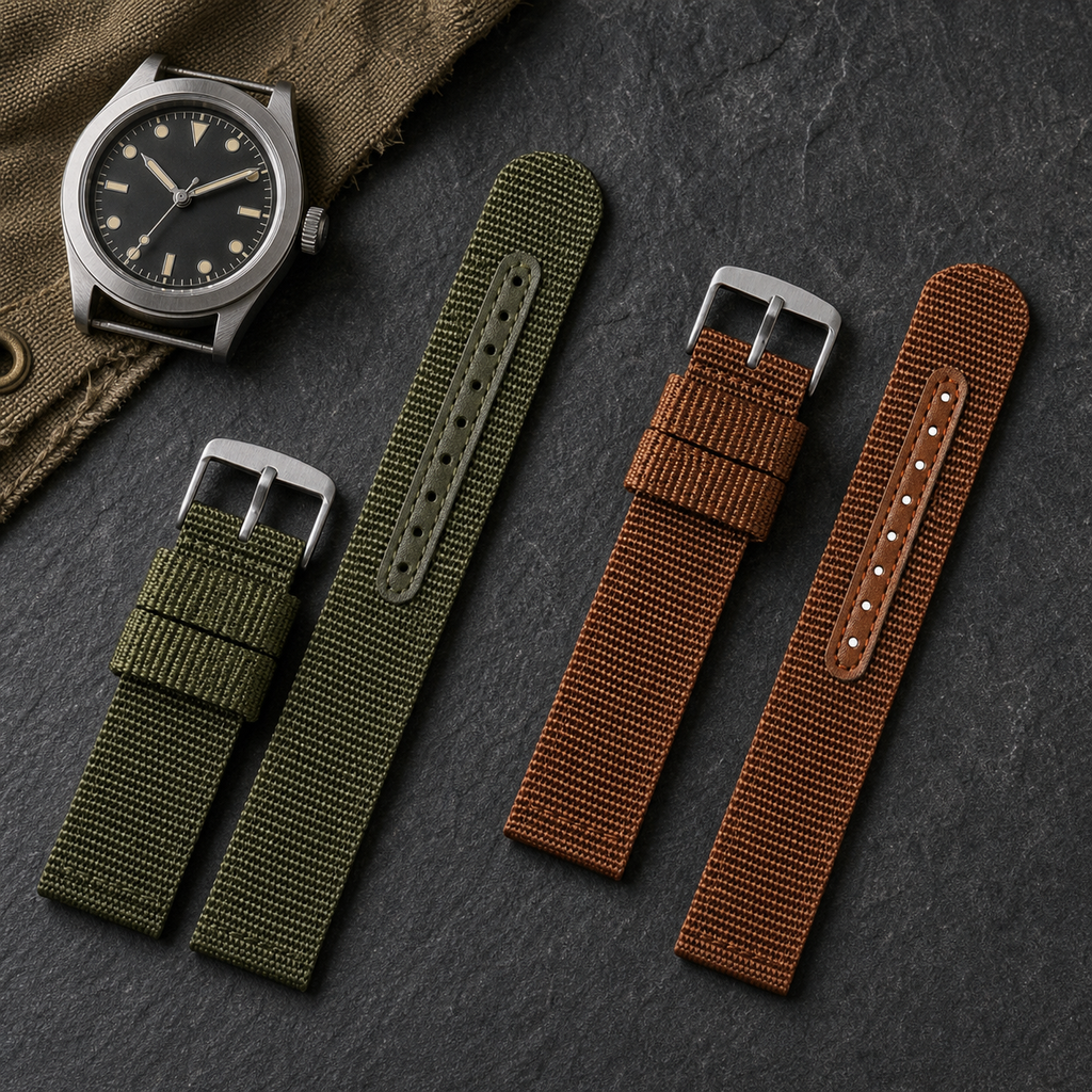 Olive and khaki UPro ballistic nylon watch straps — AI-enhanced field lifestyle image