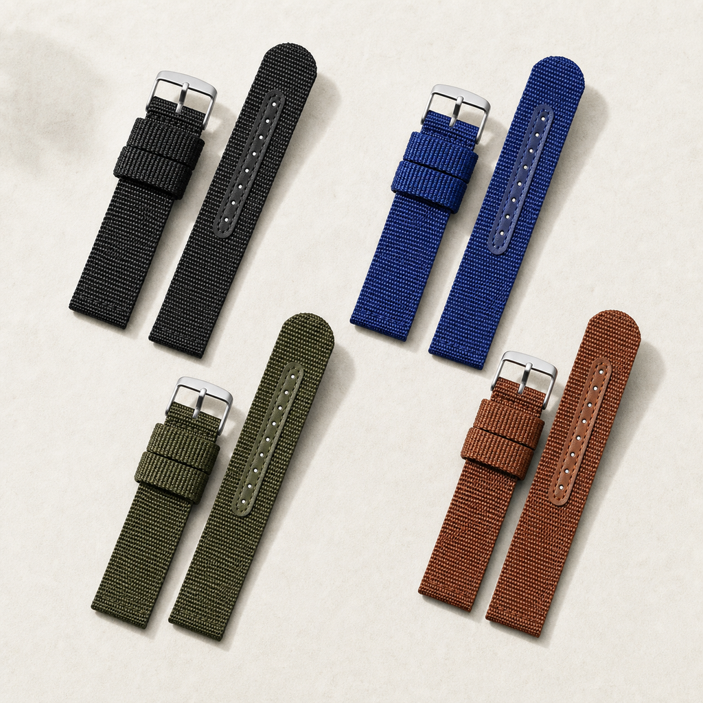 Four UPro ballistic nylon watch strap colorways — AI-enhanced stone flat lay