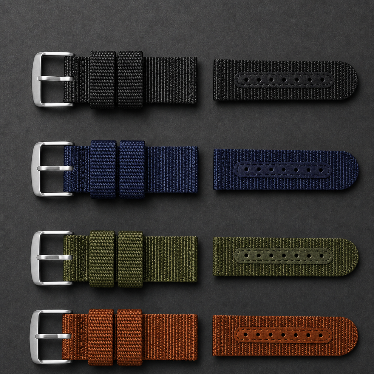 UPro ballistic nylon watch straps in black, blue, olive green, and khaki — AI-enhanced studio image