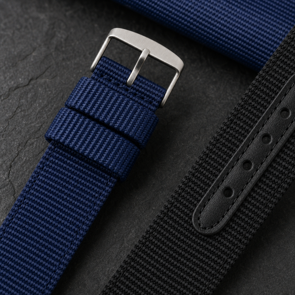 Blue and black UPro ballistic nylon watch straps — AI-enhanced weave and buckle detail