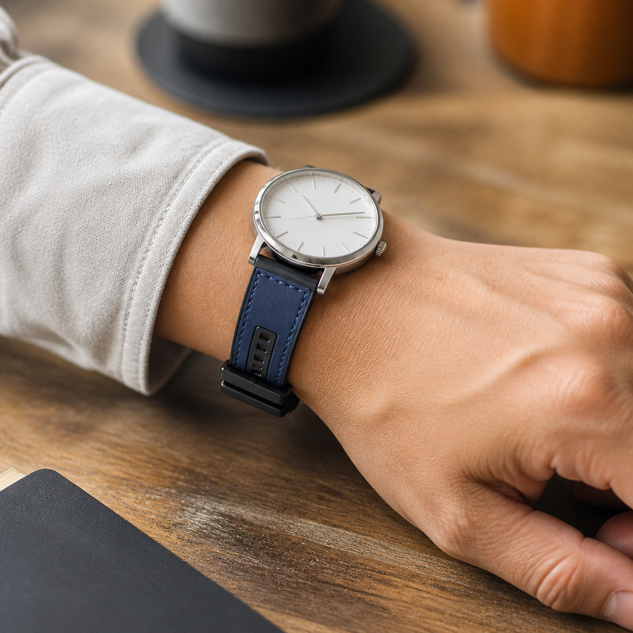 Blue 22mm UPro leather-texture silicone watch strap worn on the wrist