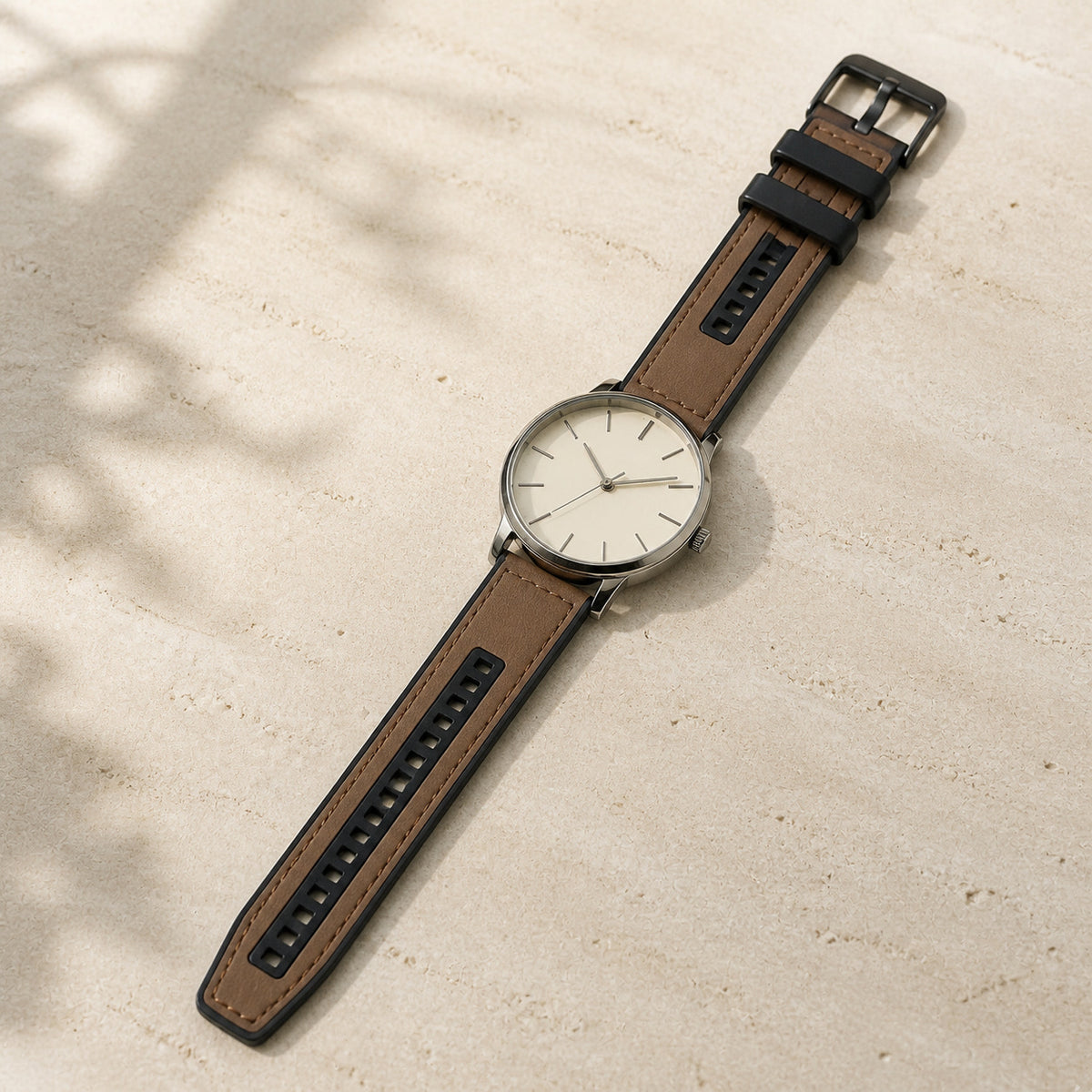Brown 22mm UPro leather-texture silicone watch strap fitted to a silver watch in a flat lay