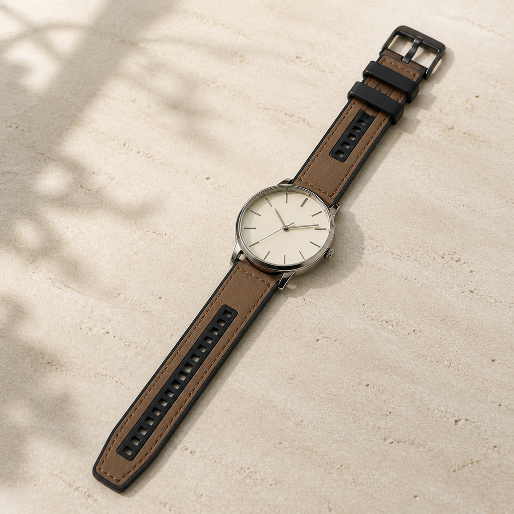 Brown 22mm UPro leather-texture silicone watch strap fitted to a silver watch in a flat lay