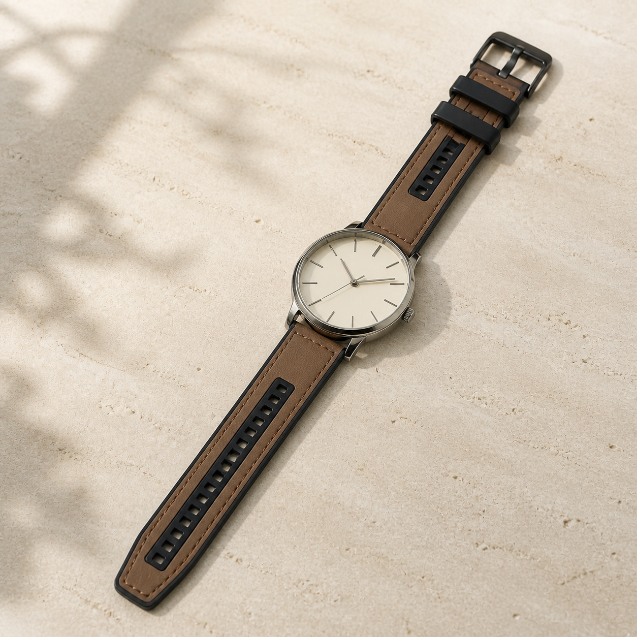 Brown 22mm UPro leather-texture silicone watch strap fitted to a silver watch in a flat lay
