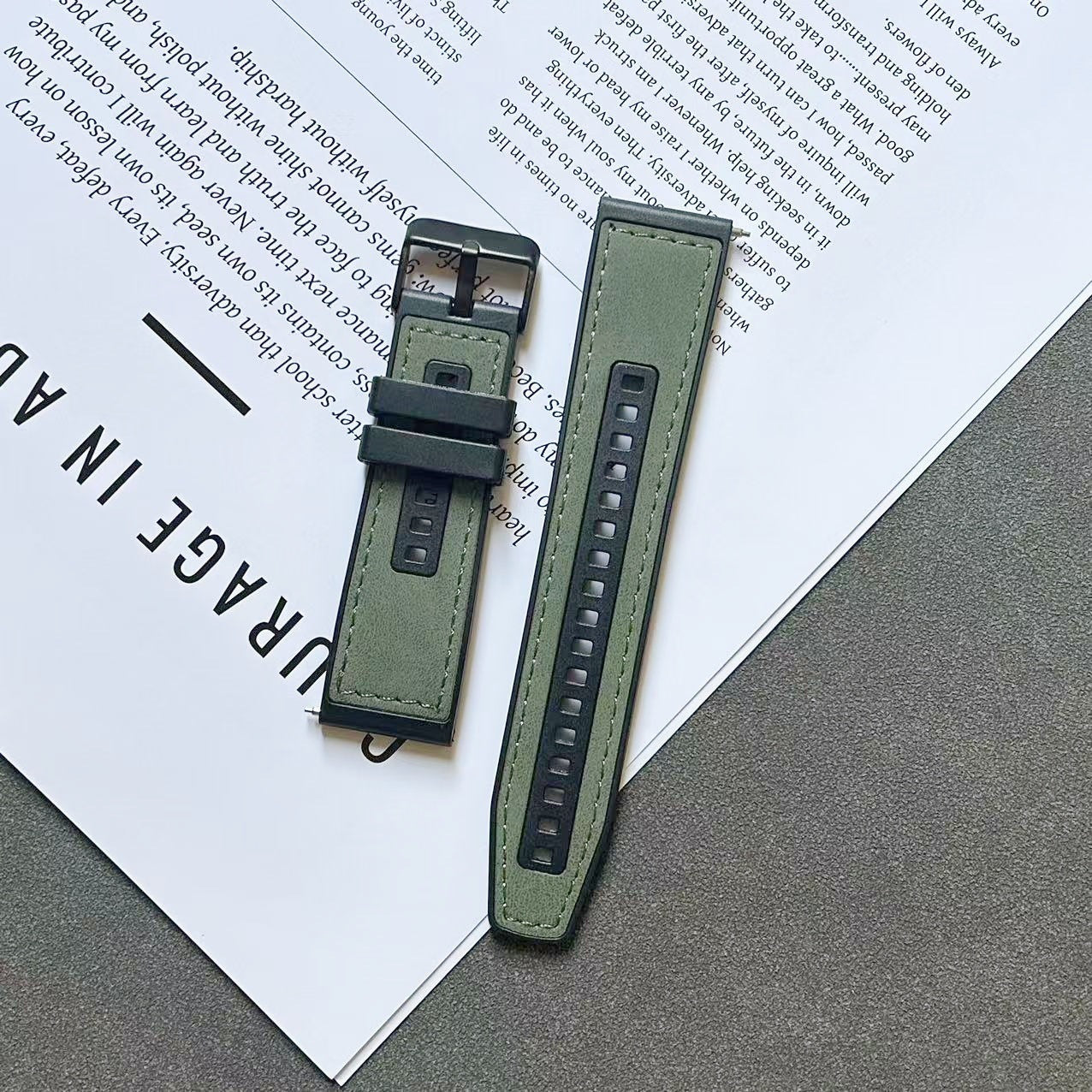 Green 22mm Crazy Horse leather-texture silicone quick-release watch strap