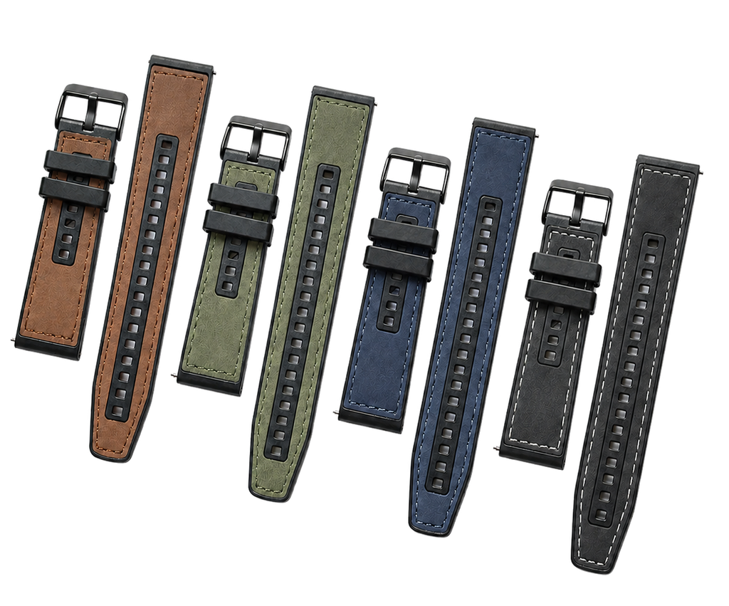 UPro 22mm leather-texture silicone quick-release watch straps in Brown, Green, Blue, and Black with White Stitching