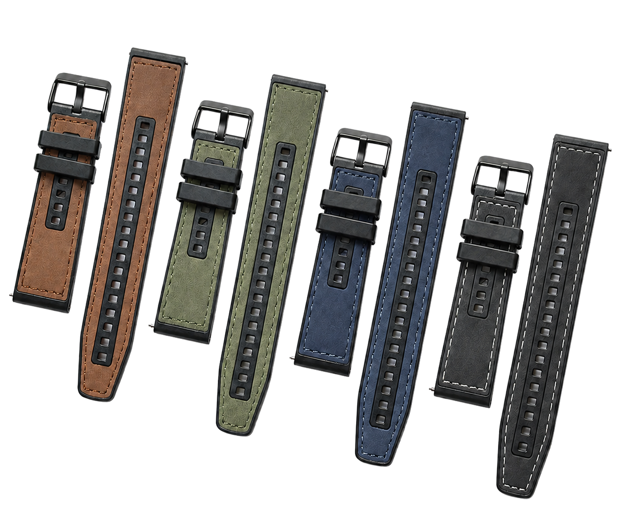 UPro 22mm leather-texture silicone quick-release watch straps in Brown, Green, Blue, and Black with White Stitching