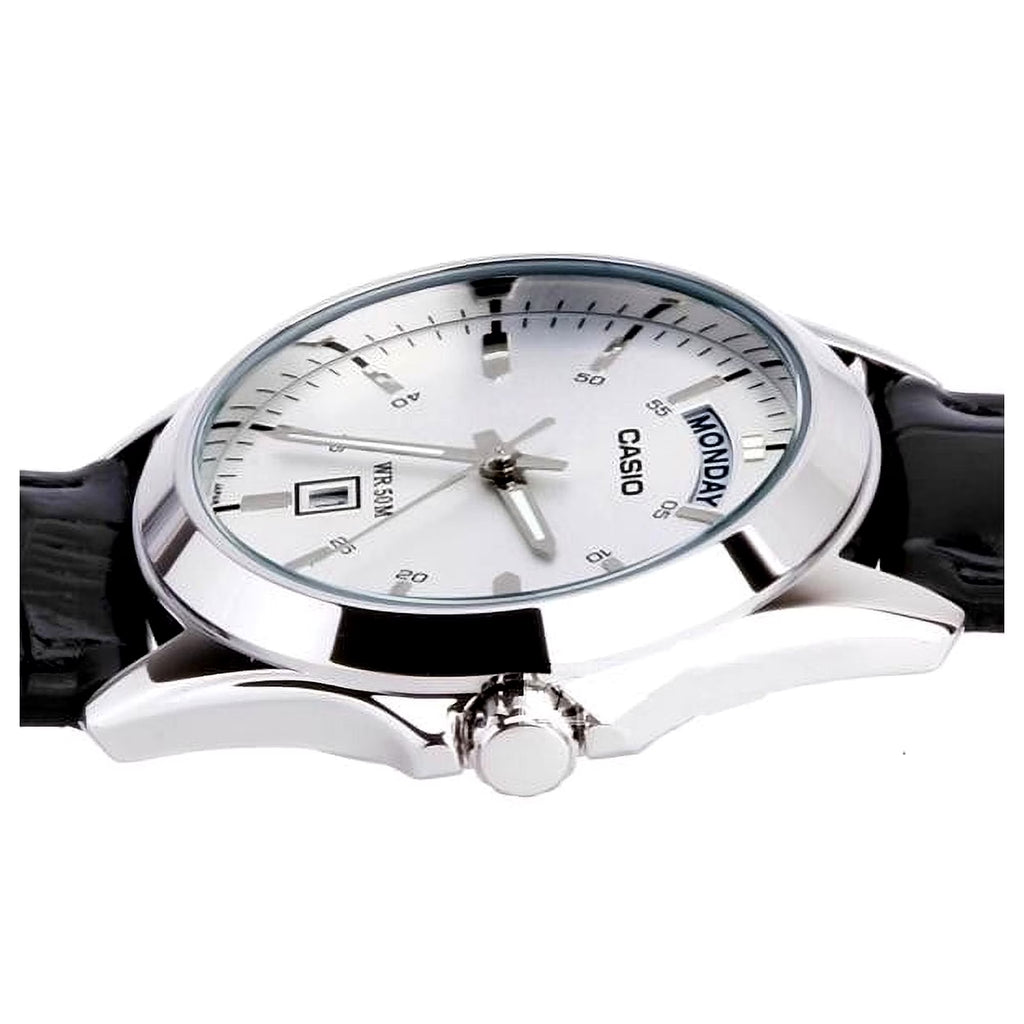 Casio MTP-1370L-7A side profile showing the polished steel case and crown
