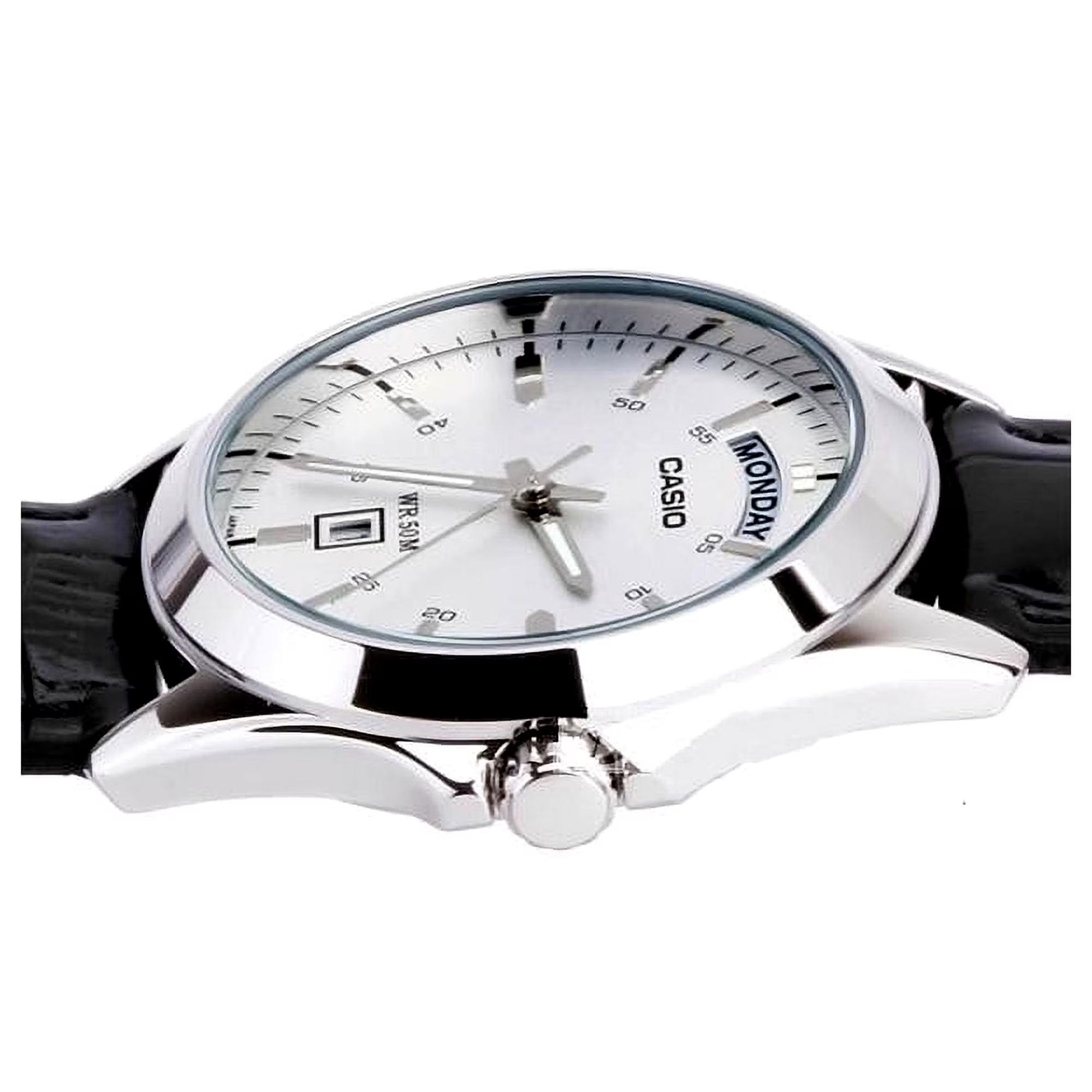 Casio MTP-1370L-7A side profile showing the polished steel case and crown
