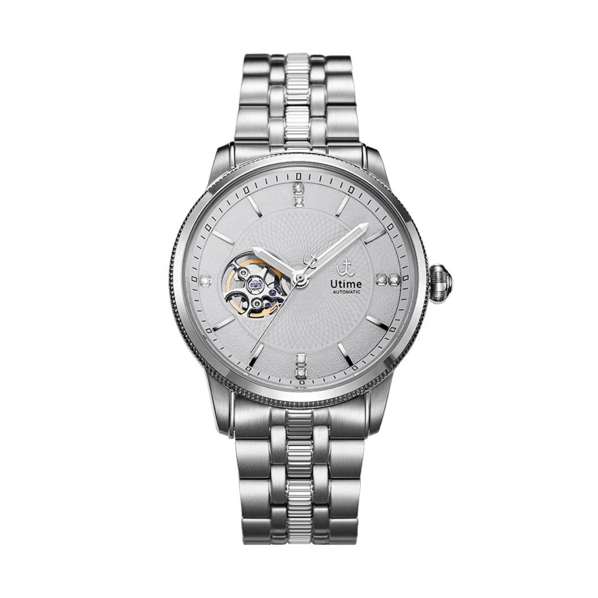Utime White Open-Heart Automatic Watch with authentic Utime dial logo on pure white background