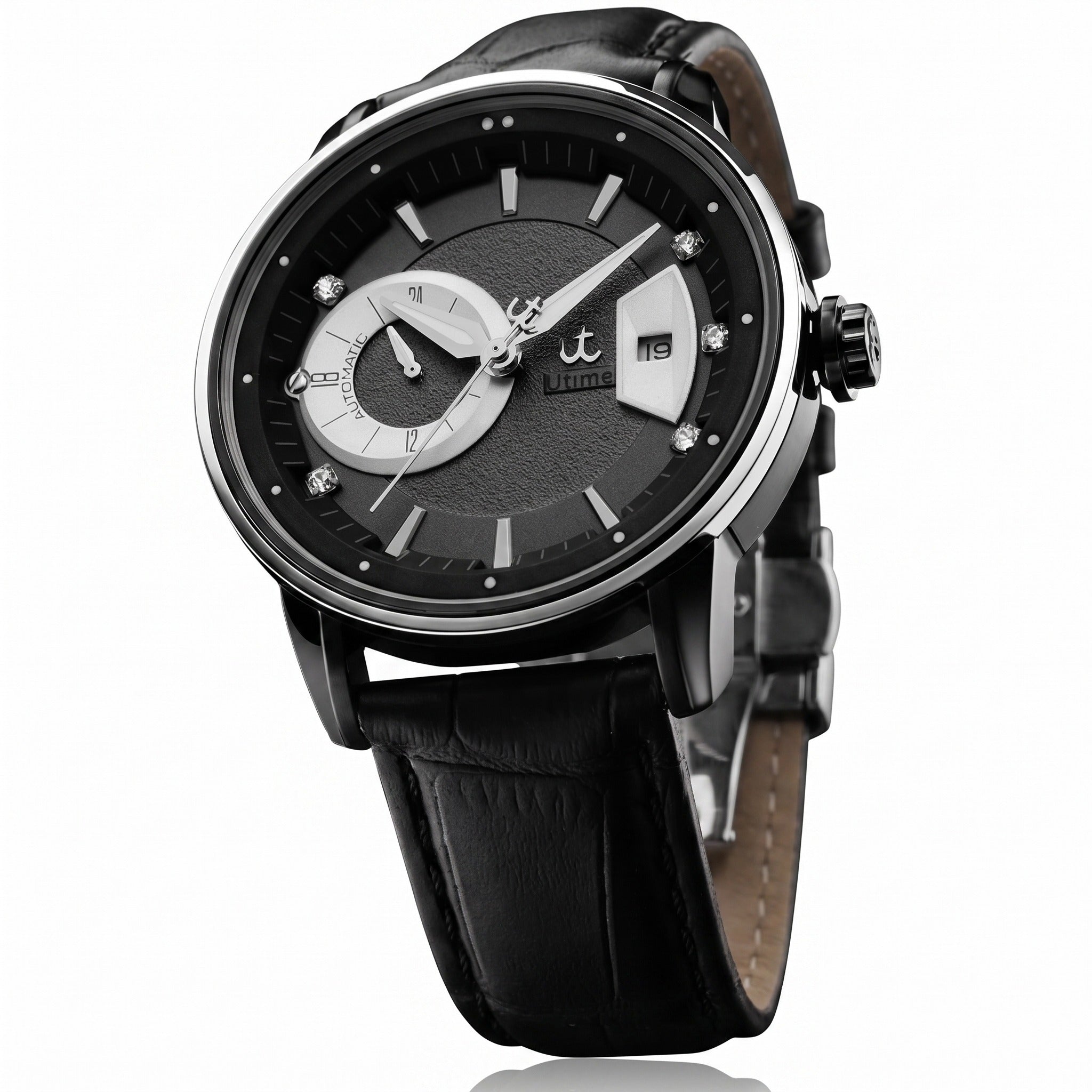 Utime U0041G black automatic leather watch, white background, candidate A