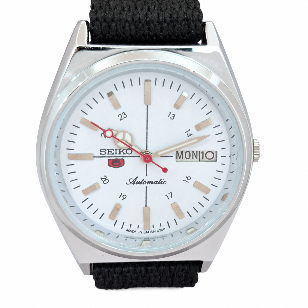 Vintage Seiko 5 6309A white dial refurbished watch on white background