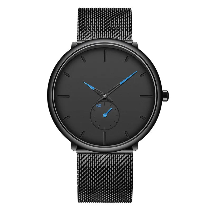 WINDOWSTIME minimalist black mesh quartz watch, Black #2 blue accents
