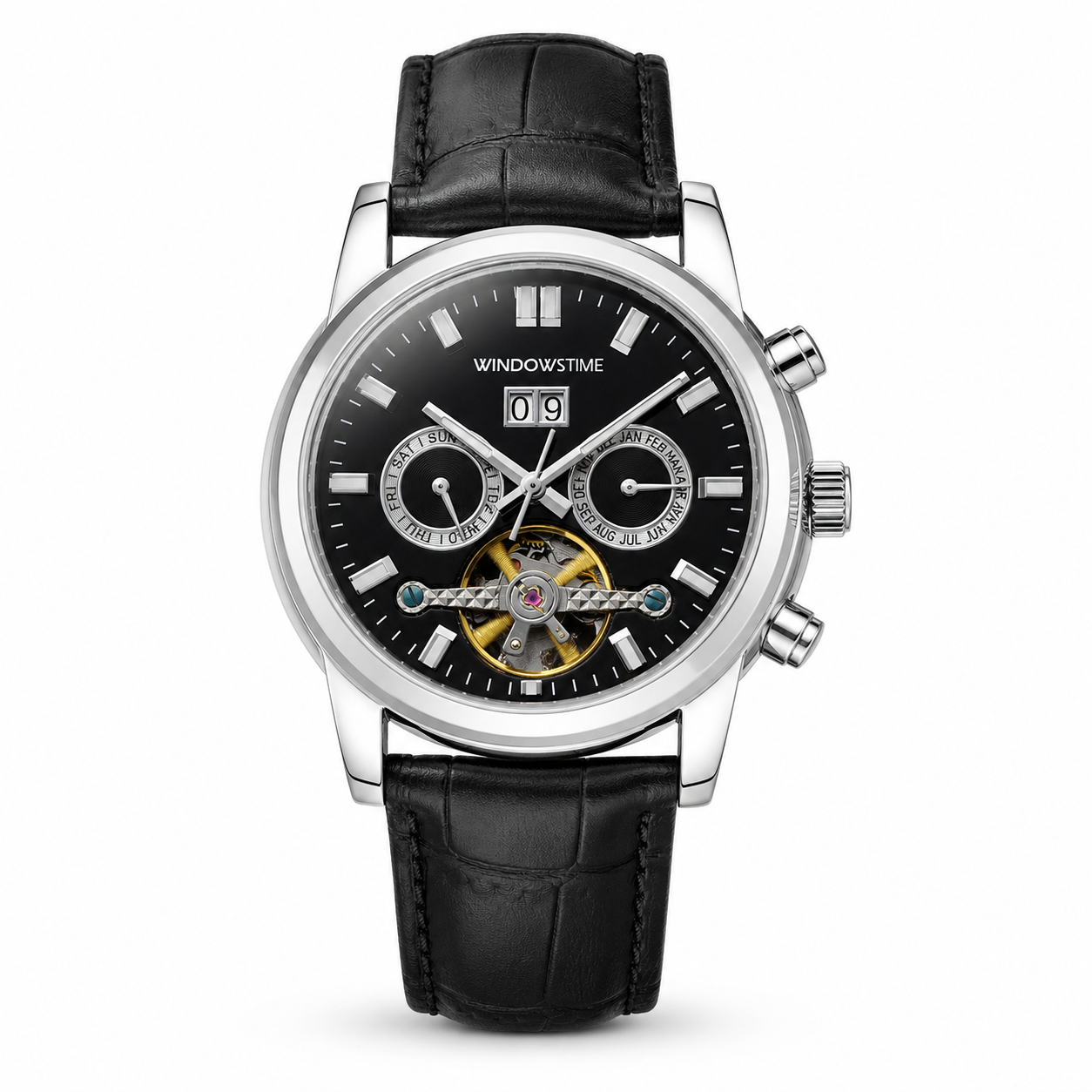 WINDOWSTIME 41mm Open-Heart Automatic Watch on pure white background