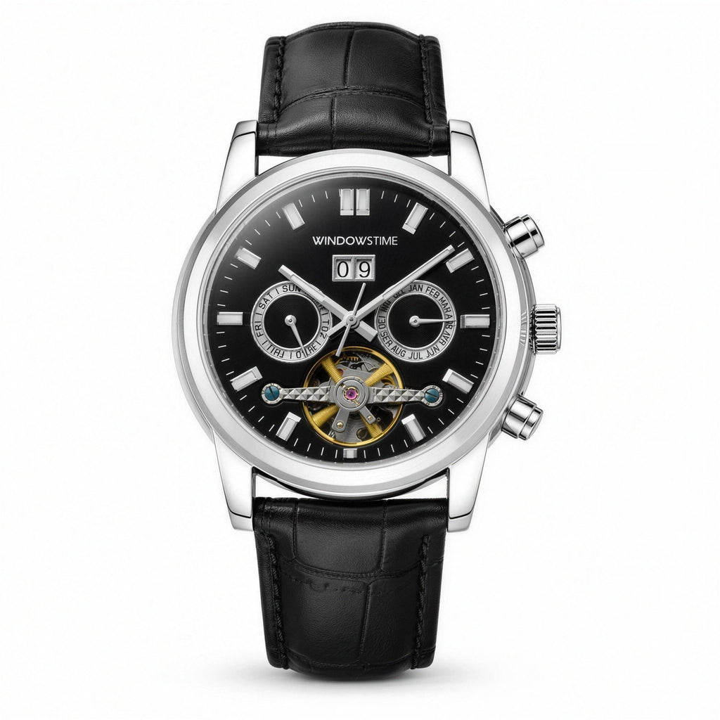 WINDOWSTIME 41mm open-heart automatic watch, black dial, leather strap
