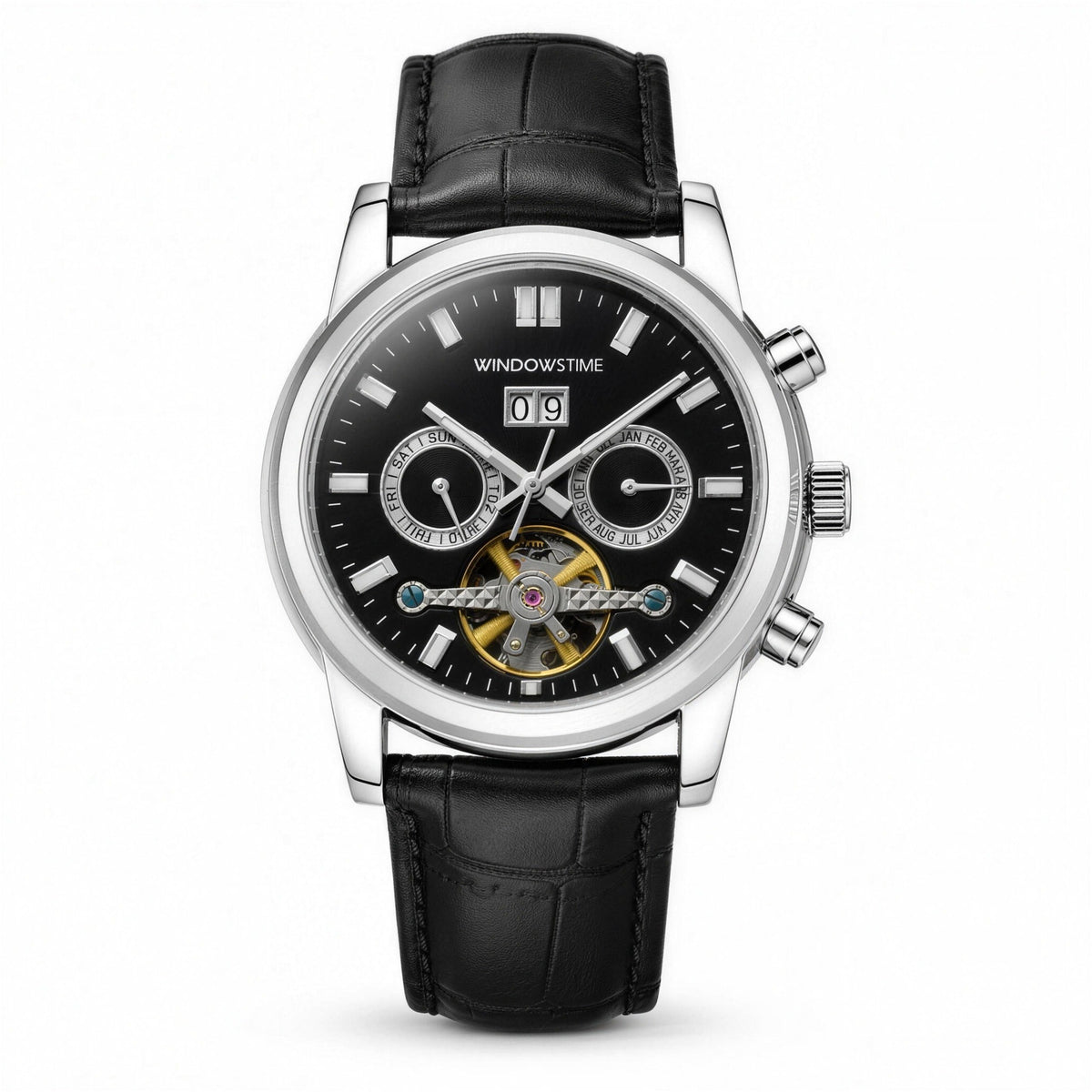 WINDOWSTIME 41mm open-heart automatic watch, black dial, leather strap