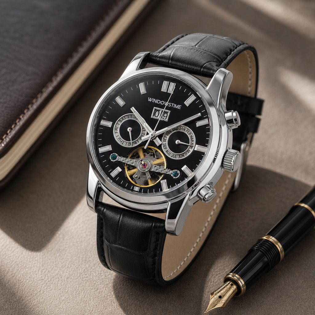 WINDOWSTIME WDTA25004G black open-heart automatic watch beside a leather notebook and fountain pen