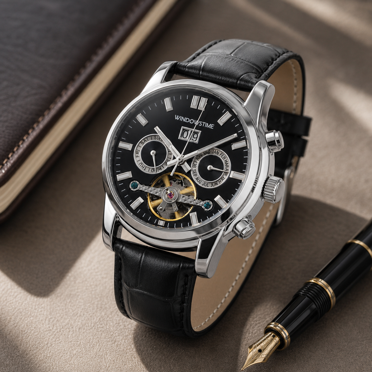 WINDOWSTIME WDTA25004G black open-heart automatic watch beside a leather notebook and fountain pen