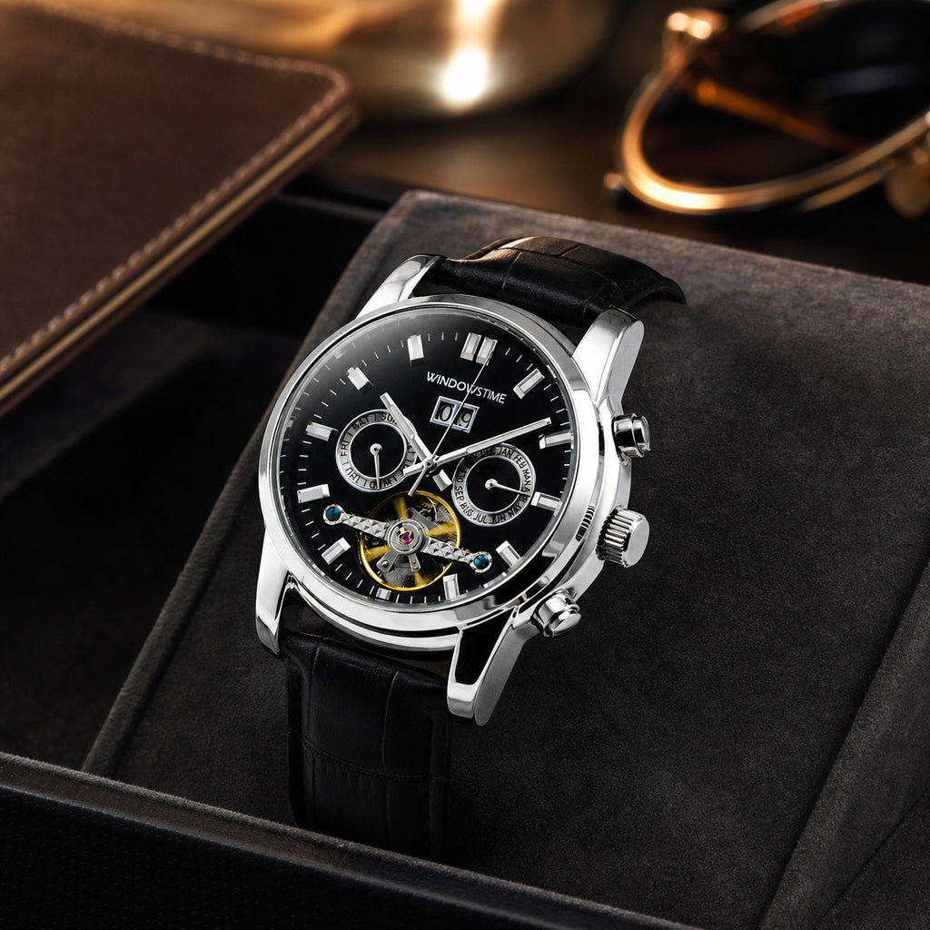 WINDOWSTIME WDTA25004G black open-heart automatic watch on a charcoal travel valet tray