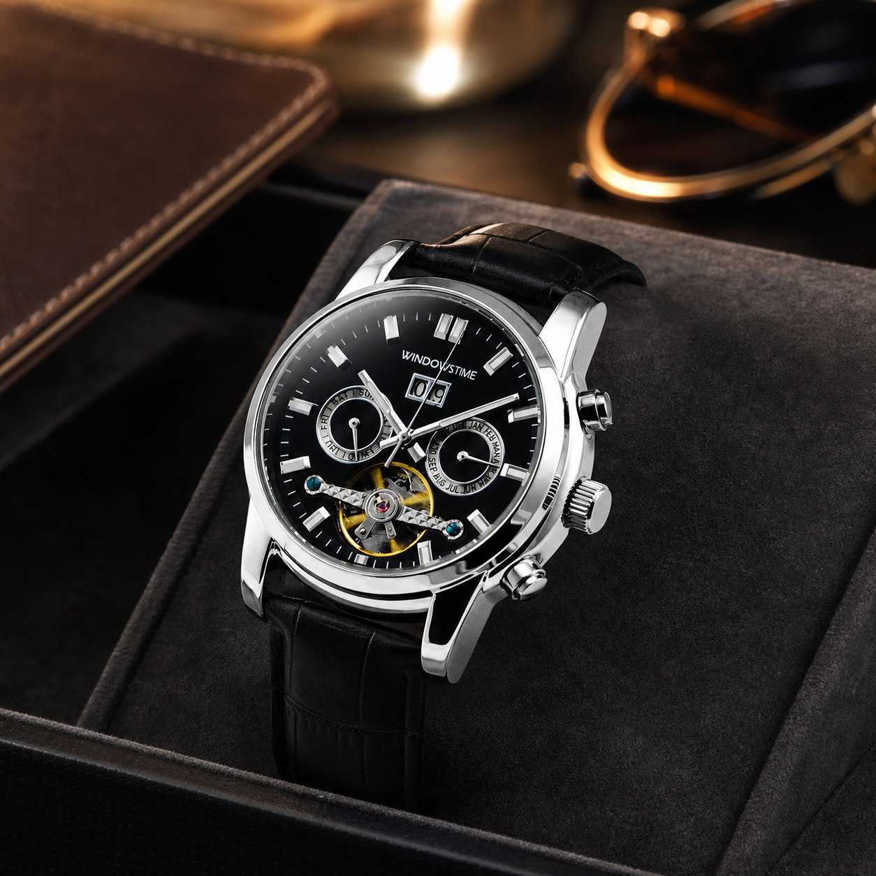 WINDOWSTIME WDTA25004G black open-heart automatic watch on a charcoal travel valet tray