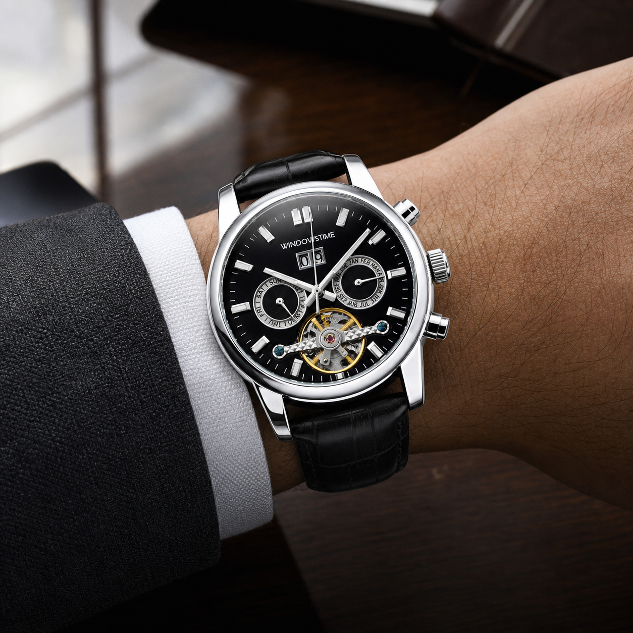 WINDOWSTIME WDTA25004G black open-heart automatic watch worn with a black leather strap