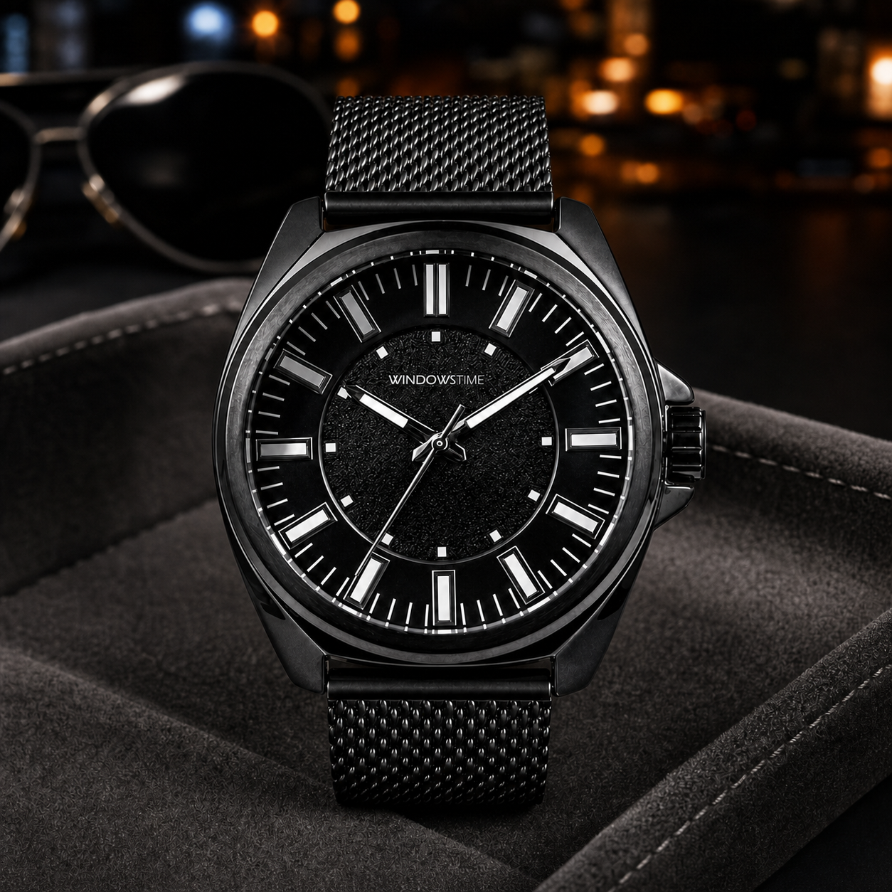 WINDOWSTIME WDTA25031G black quartz watch with black mesh band on a travel valet tray