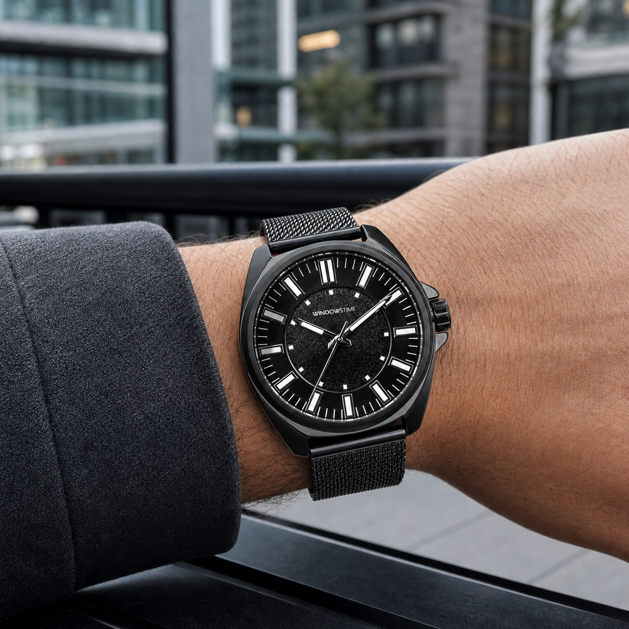 WINDOWSTIME WDTA25031G black quartz watch worn with a black mesh band
