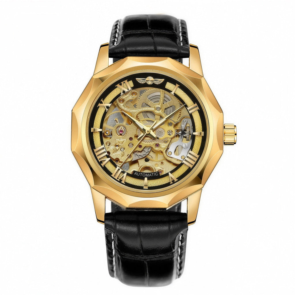 WINNER faceted skeleton automatic watch, gold-tone case and black leather strap