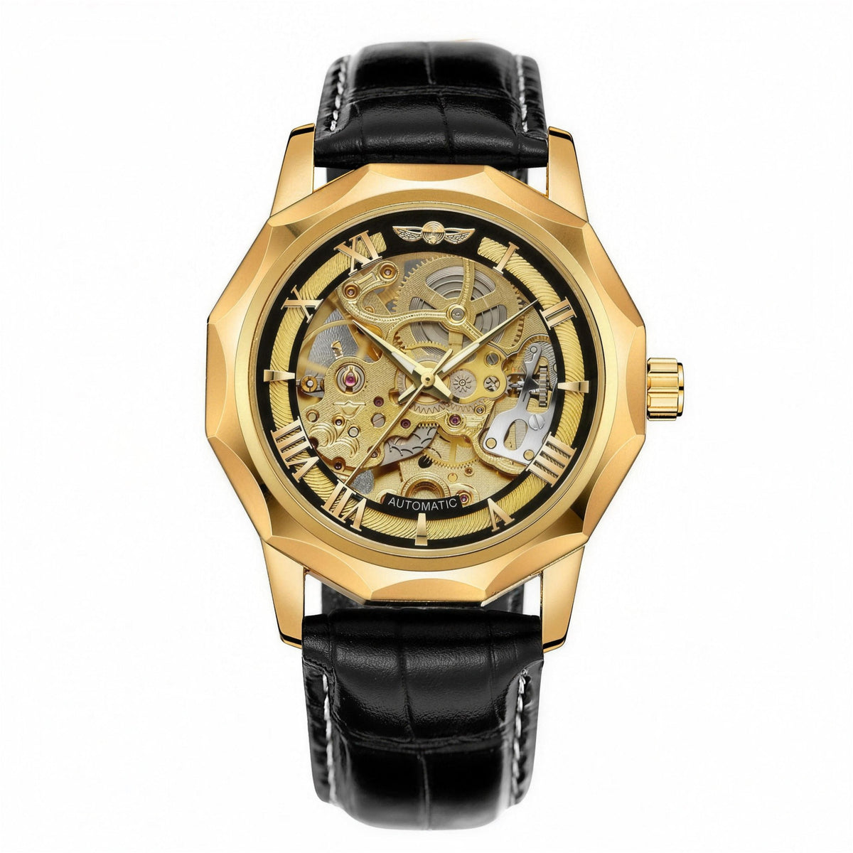 WINNER faceted skeleton automatic watch, gold-tone case and black leather strap