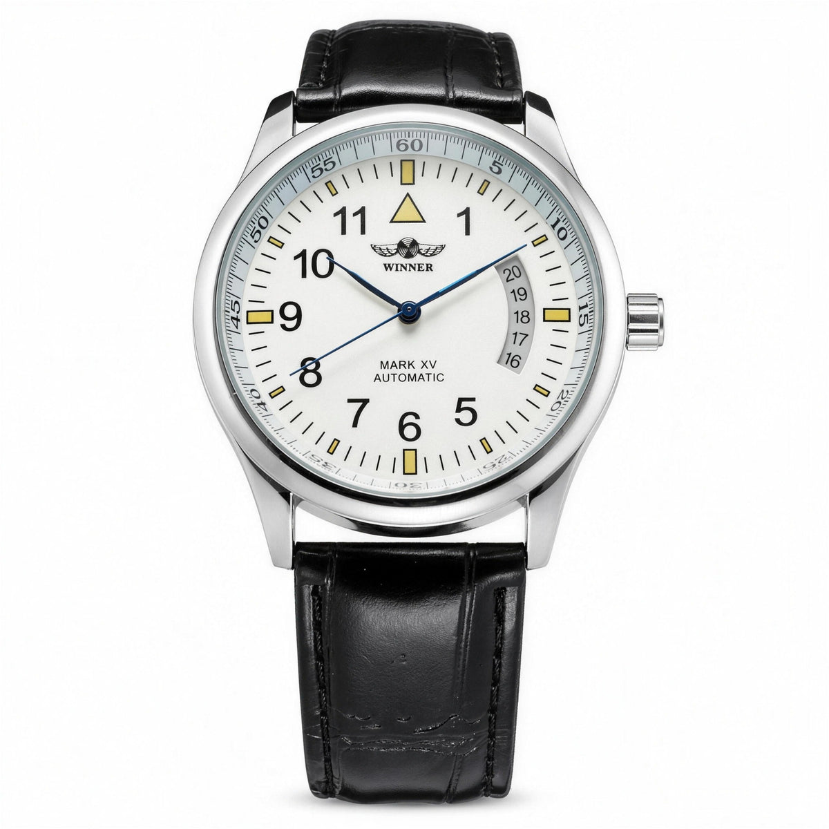 WINNER pilot-style quartz watch, white dial with black leather strap
