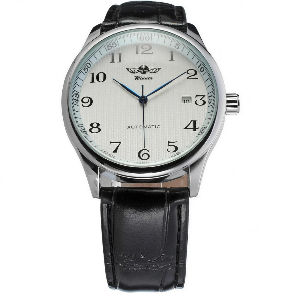 WINNER white-dial automatic dress watch with black leather strap