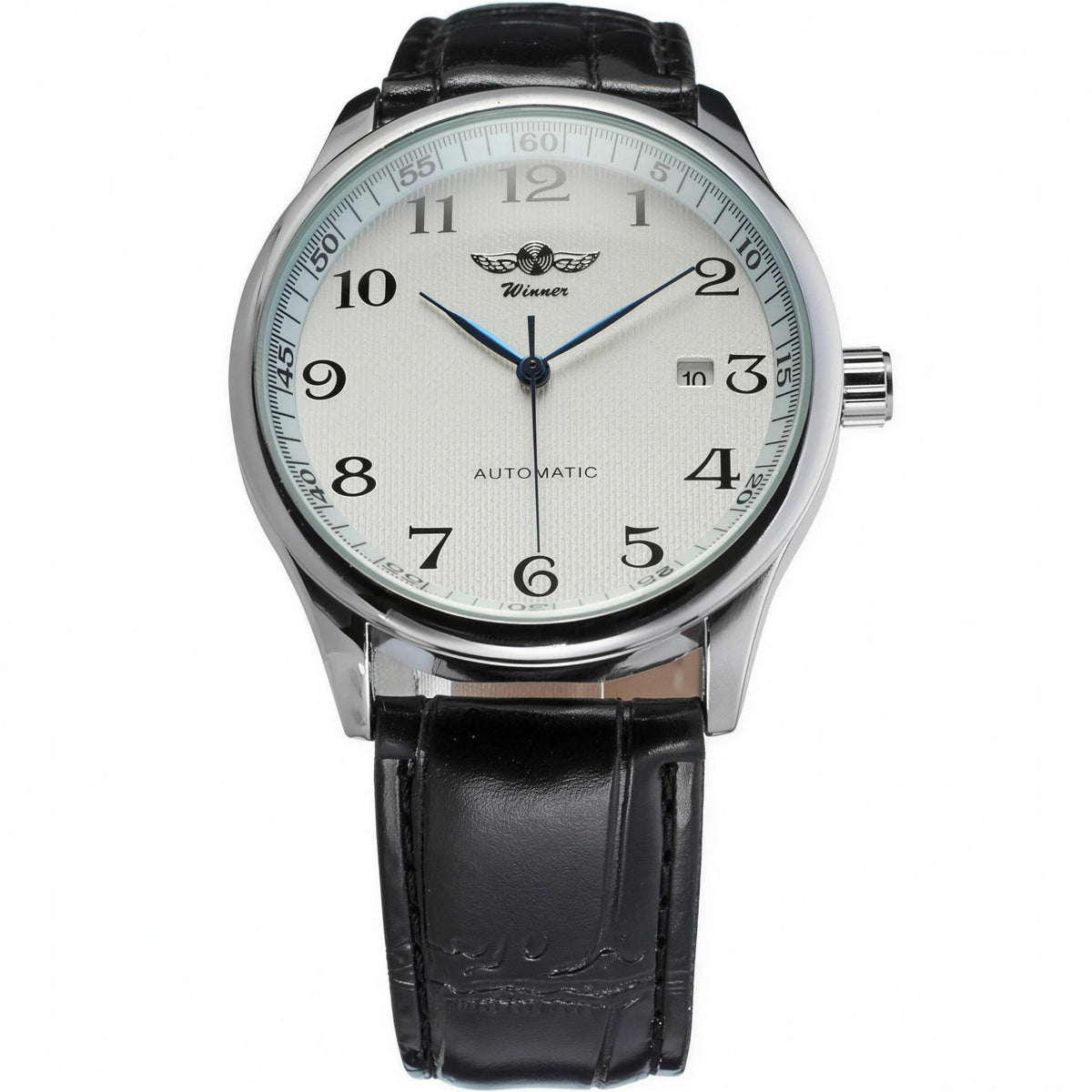 WINNER white-dial automatic dress watch with black leather strap
