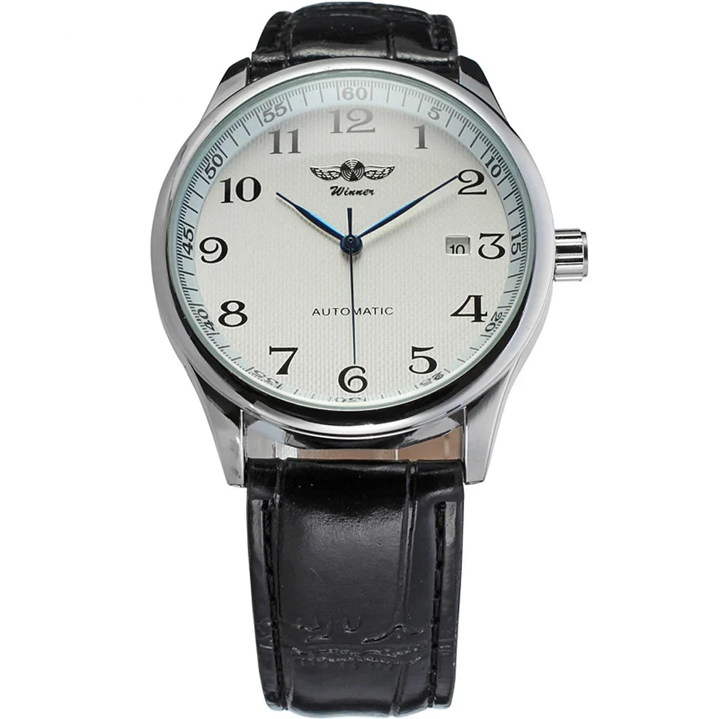 WINNER WRG8024 automatic dress watch with white textured dial and black leather strap on a white background
