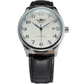 WINNER WRG8024 automatic dress watch with white textured dial and black leather strap on a white background