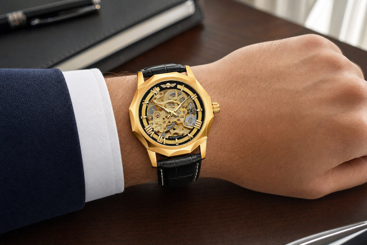 WINNER WRG8249 M3G1 Gold Gold automatic watch in a business lifestyle setting