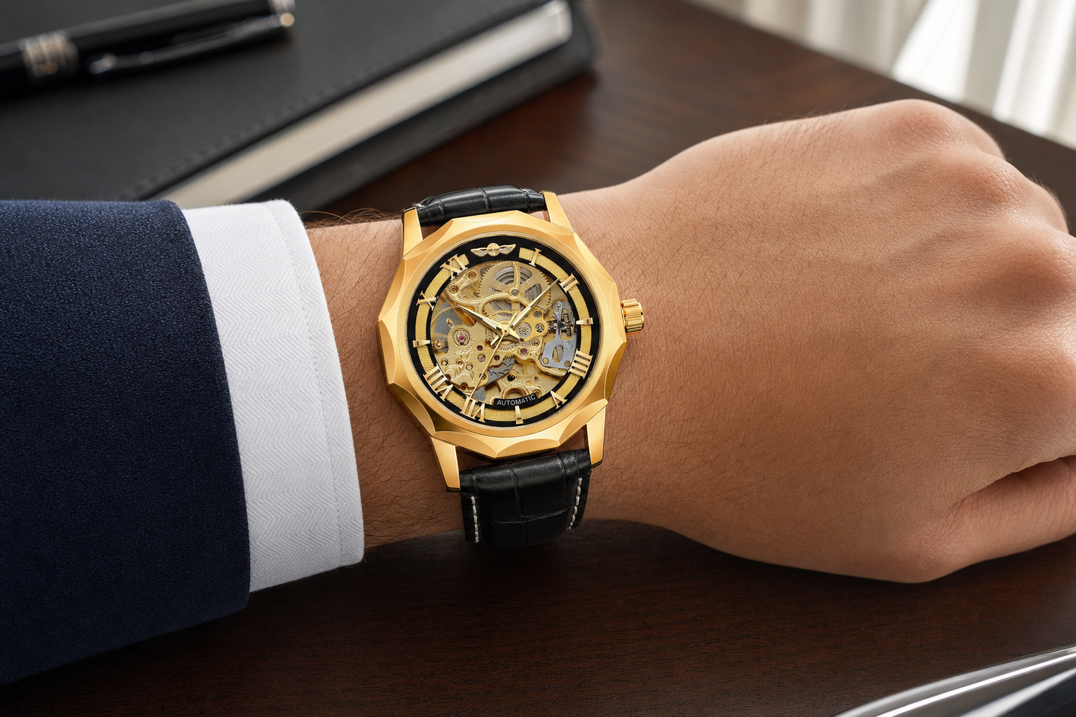 WINNER WRG8249 M3G1 Gold Gold automatic watch in a business lifestyle setting