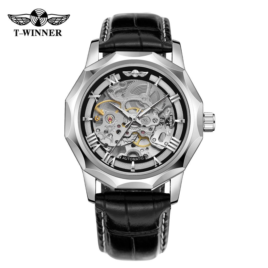 WINNER faceted skeleton automatic watch in silver with black chapter ring