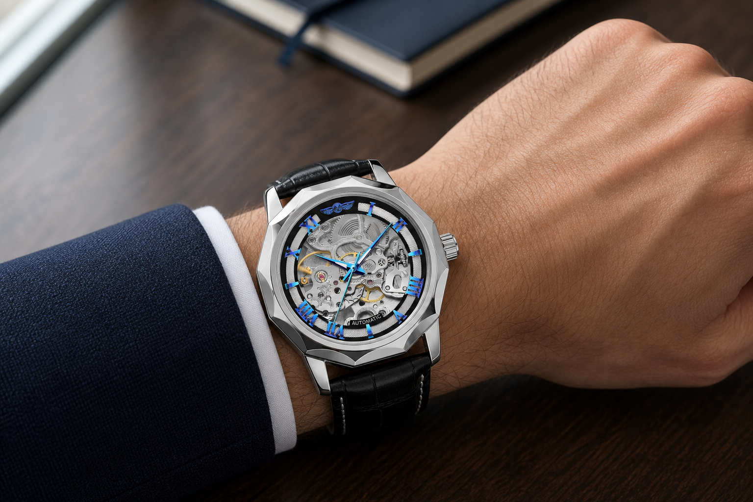 WINNER WRG8249 M3S2 Silver Blue automatic watch in a business lifestyle setting