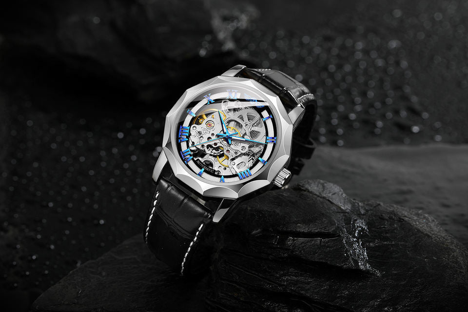 WINNER WRG8249 M3S2 silver blue automatic watch official supplier lifestyle image on rocks